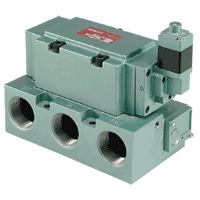 Numatics High flow capacity, Cv to 16.5 Series 140 Solenoid pilot or air pilot actuated. Plug-in solenoid with indicator light. Multi-purpose, 5 ported, 4-way, 2 position design. Features lapped spool and sleeve assembly. Sub base mounted, side and bottom ports with individual exhaust.
